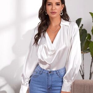 SHEIN Shiny White Drape Blouse